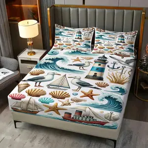 Lighthouse Seagull Wave Pattern Fitted Sheet Set, 3Pcs Marine Style Bedding Set, Soft Cozy, Deep Pocket Design, Perfect Coastal Cottage Nautical Bedroom Beach House Dorm Home Decor. 2 Pillowcases, No Pillow Core