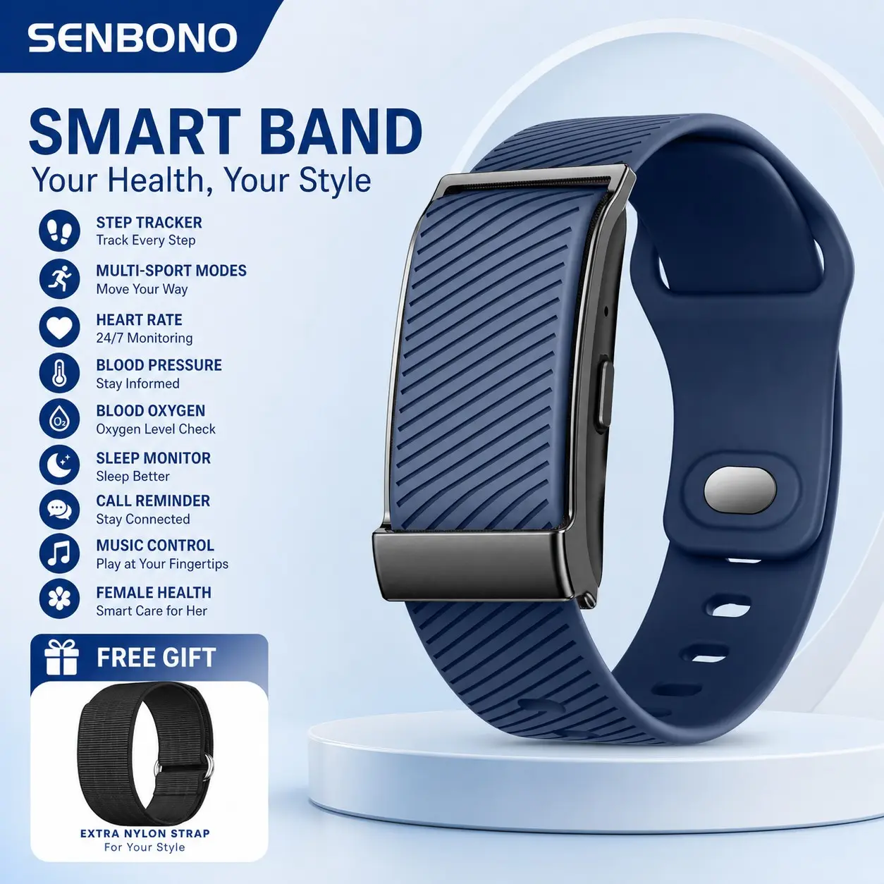 SENBONO Smart bracelet Long-Standby Fitness Band, 20-Day Usage, Multi Modes for Swim/run, Real-Time Health Monitoring, Vibration Alarm, Drink Reminder