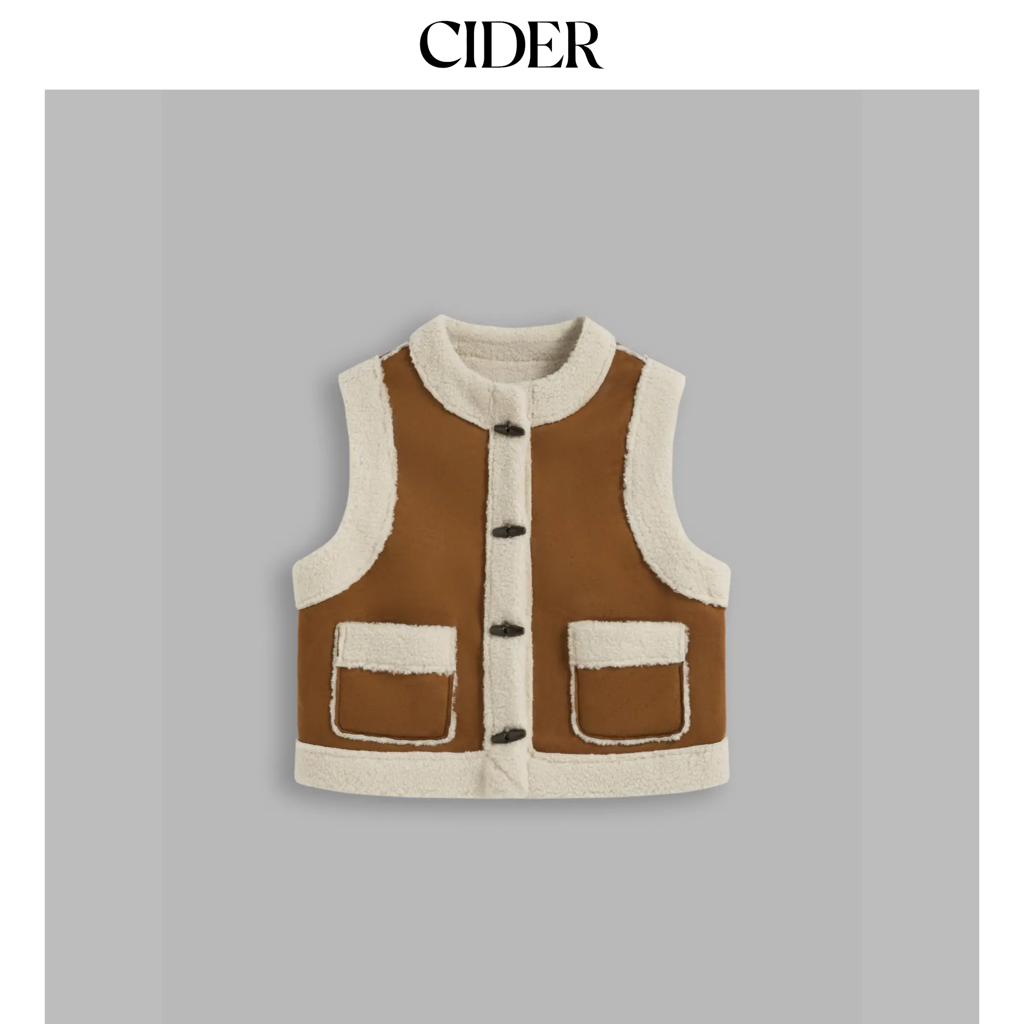 Cider [size 2-10] Faux Shearling Round Neckline Solid Toggle Button Pocket Jacket Vest