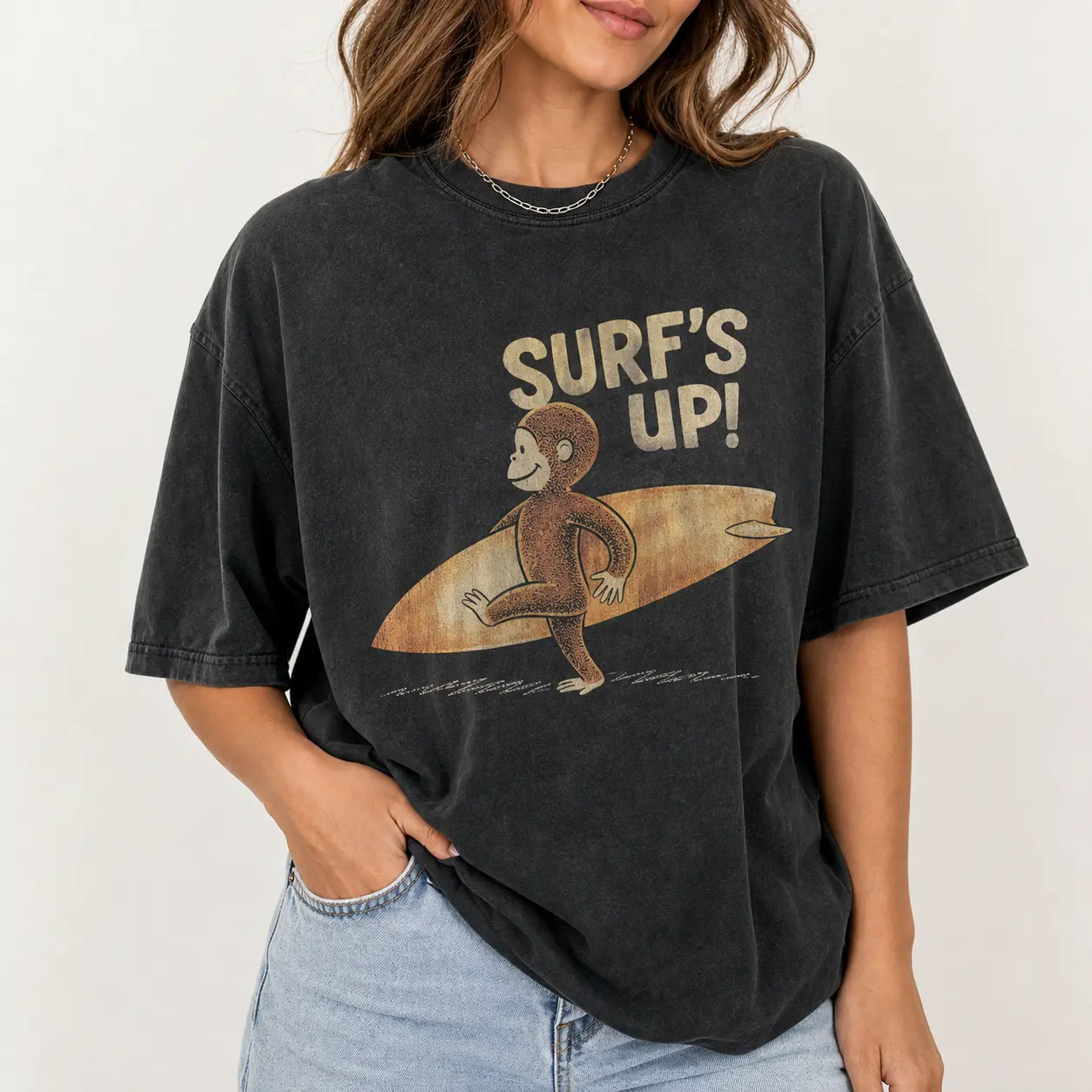 Unisex Surfs Up Monkey Graphic T-Shirt, Vintage Beach Short Sleeve Tee