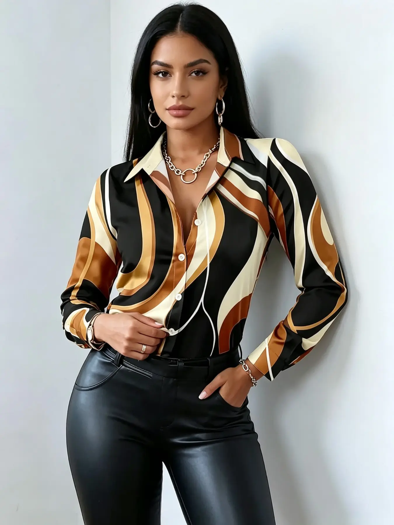 New Women's Vintage Coffee Wave Pattern Satin Long Sleeve Blouse, Base Colorblock Linear Print, Casual Loose-Fitting Commuter Shirt Tops