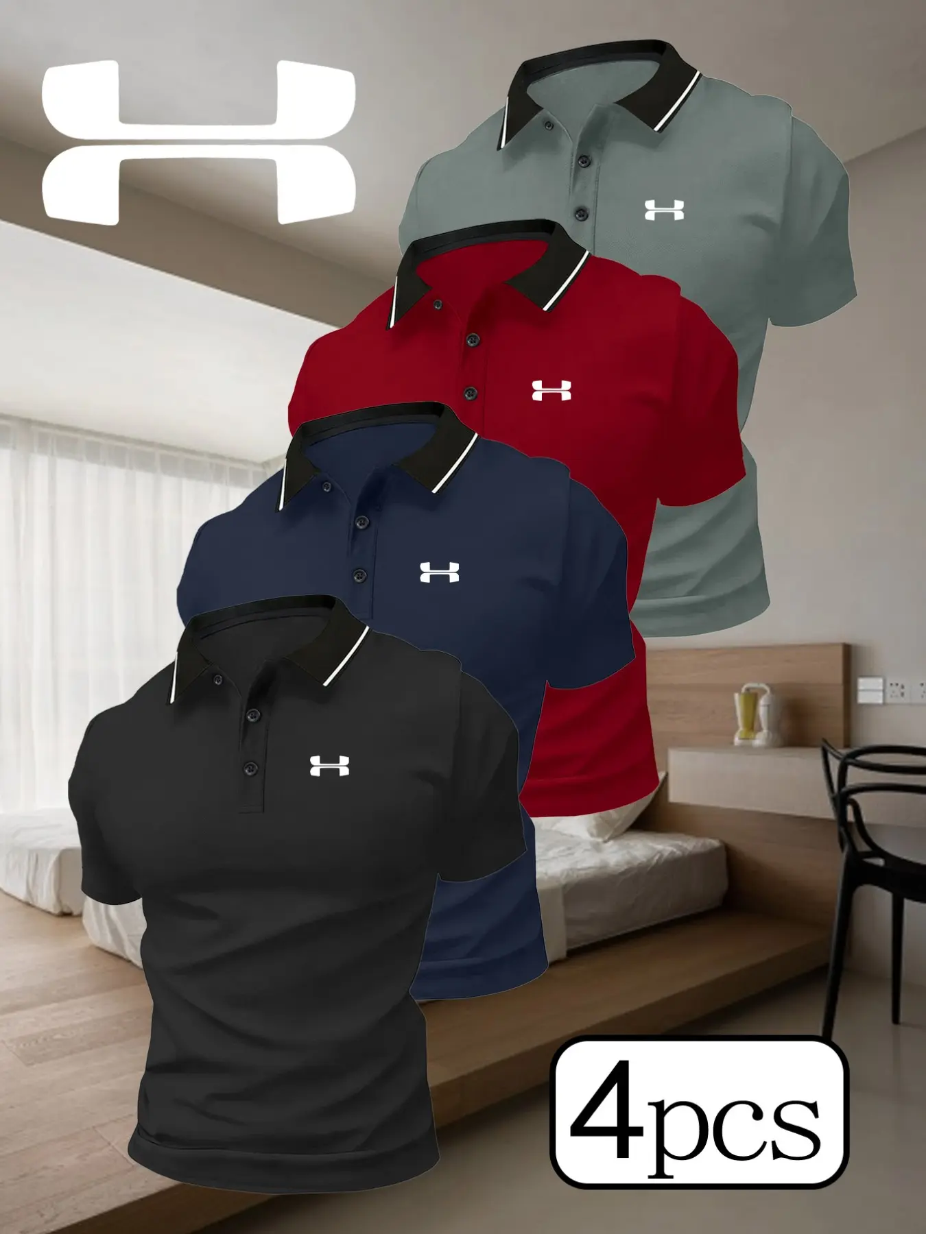 Men's Sporty Quick-Dry Polo Shirts, 4-Pack with Geometric Print, Comfortable Breathable Fabric, Durable Stretch Material