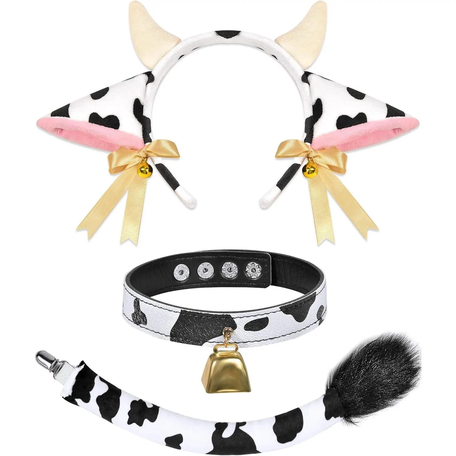 Cow Costume Set with Ears Headband, Print Bell Collar Choker and Cow Tail, Halloween Cosplay Dress Up Accessories for Adult Women(Gift)