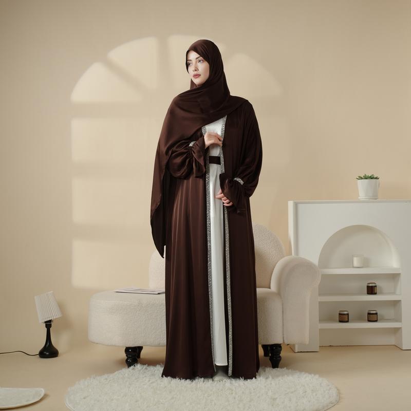 Modesty Muslim Chic Fit Maxi 4-Piece Set: Poet Sleeve Satin Abaya & hijab (MOA009) Formal