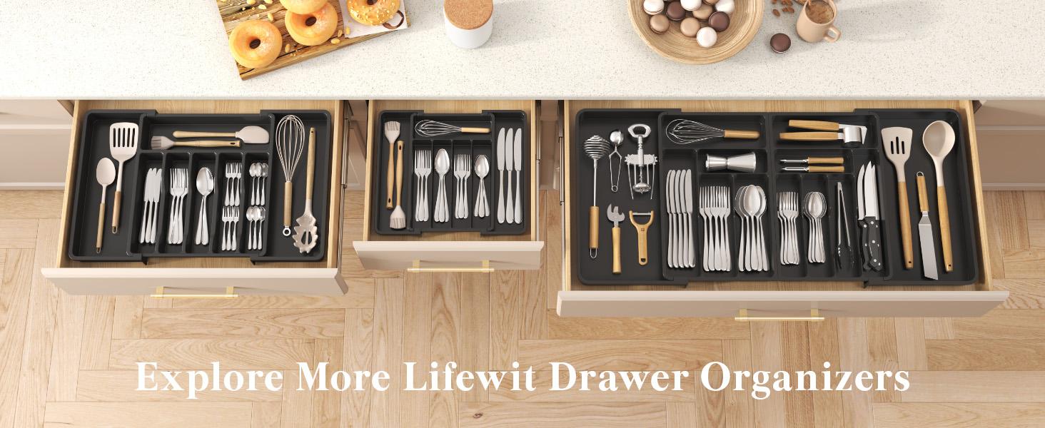 Silverware Drawer Organizer, Expandable Utensil Tray for Kitchen, BPA Free Flatware and Cutlery Holder, Adjustable Plastic Storage for Spoons Forks Knives, 8.5-14 x 12", Black