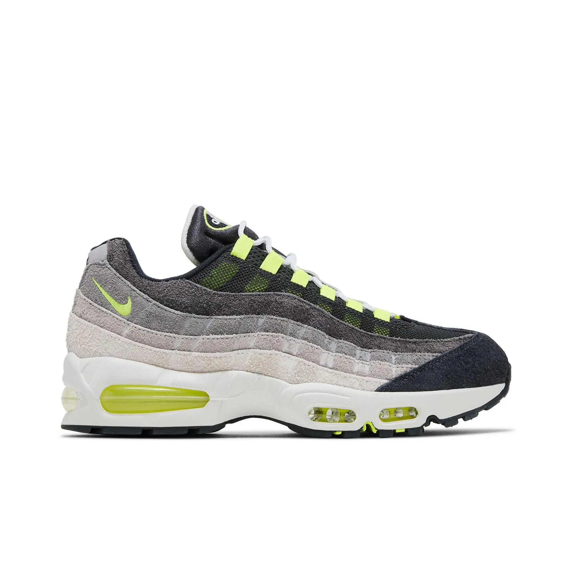 NIKE Unisex Striped Air Max 95 OG 'Reverse Neon' Running Sneaker - Anthracite, Neon Yellow, Pearl Grey Athletic Training Footwear (Style Code HM4738-001)