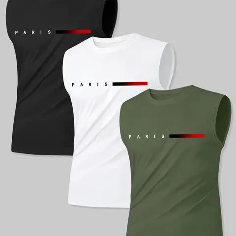 3-Pack Summer Letter Print Workout Tank Tops for Men, Sleeveless Sports Tops, Sportswear Tank Top, Quick-Dry Sporty Casual Wear, Loose Fit, Ideal for Gym, Running, Daily Use, Multiple Colors Available