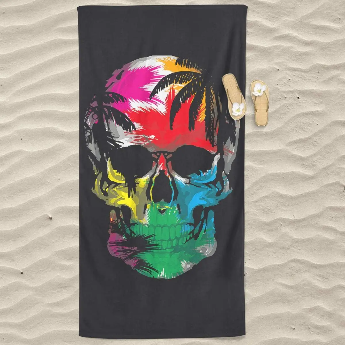 Vibrant Rainbow Tropical Palm Tree Skull Print Microfiber Beach Towel, Quick Dry Sand Resistant Large Soft Absorbent Towel Ideal For Summer Beach Pool Camping Vacation Gothic Surf Style Gift