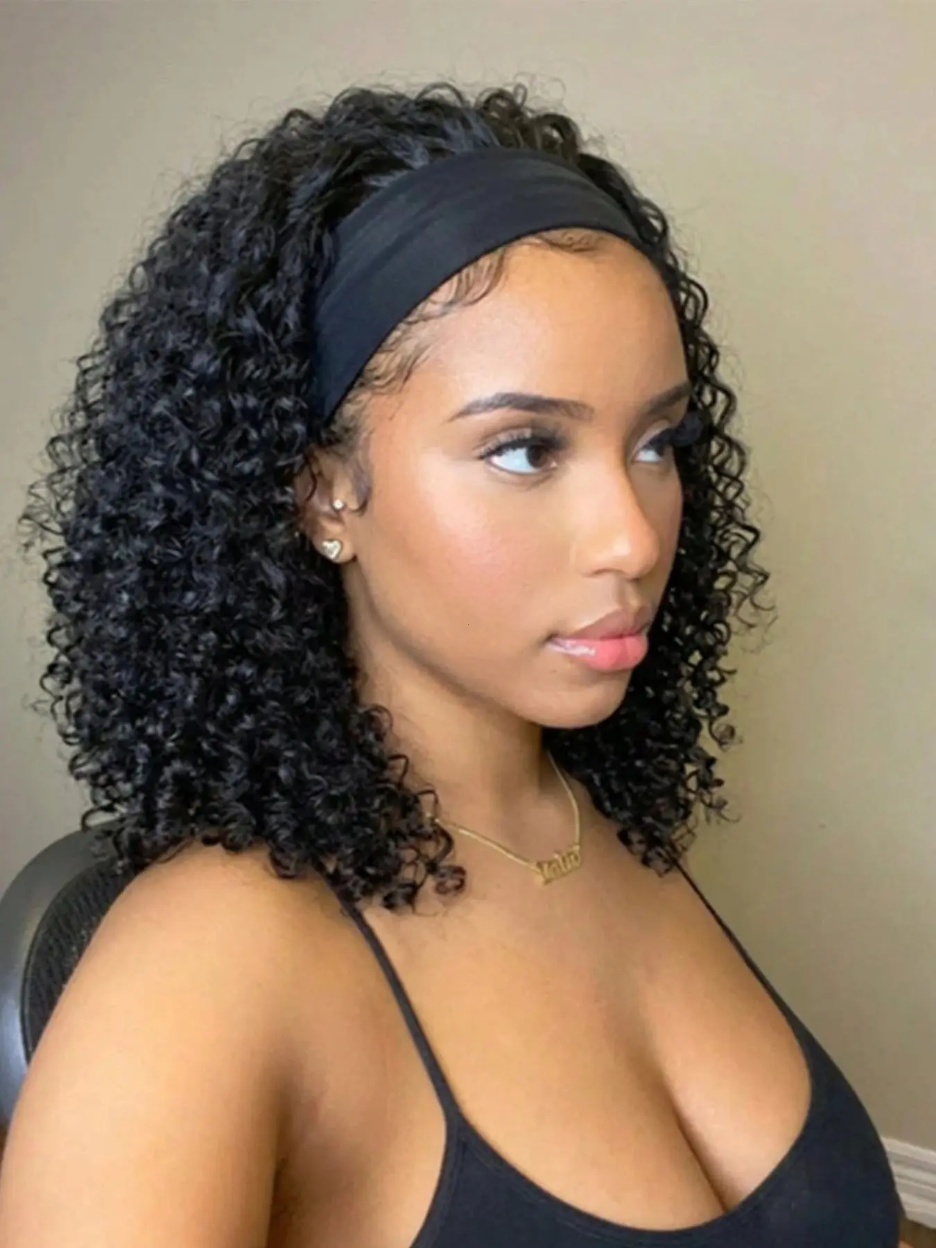 14 Inch Deep Wave Headband Style Wig for Women, Glueless Wear and Go, Heat Resistant Synthetic Hair, Shoulder Length Bob, 1b Natural