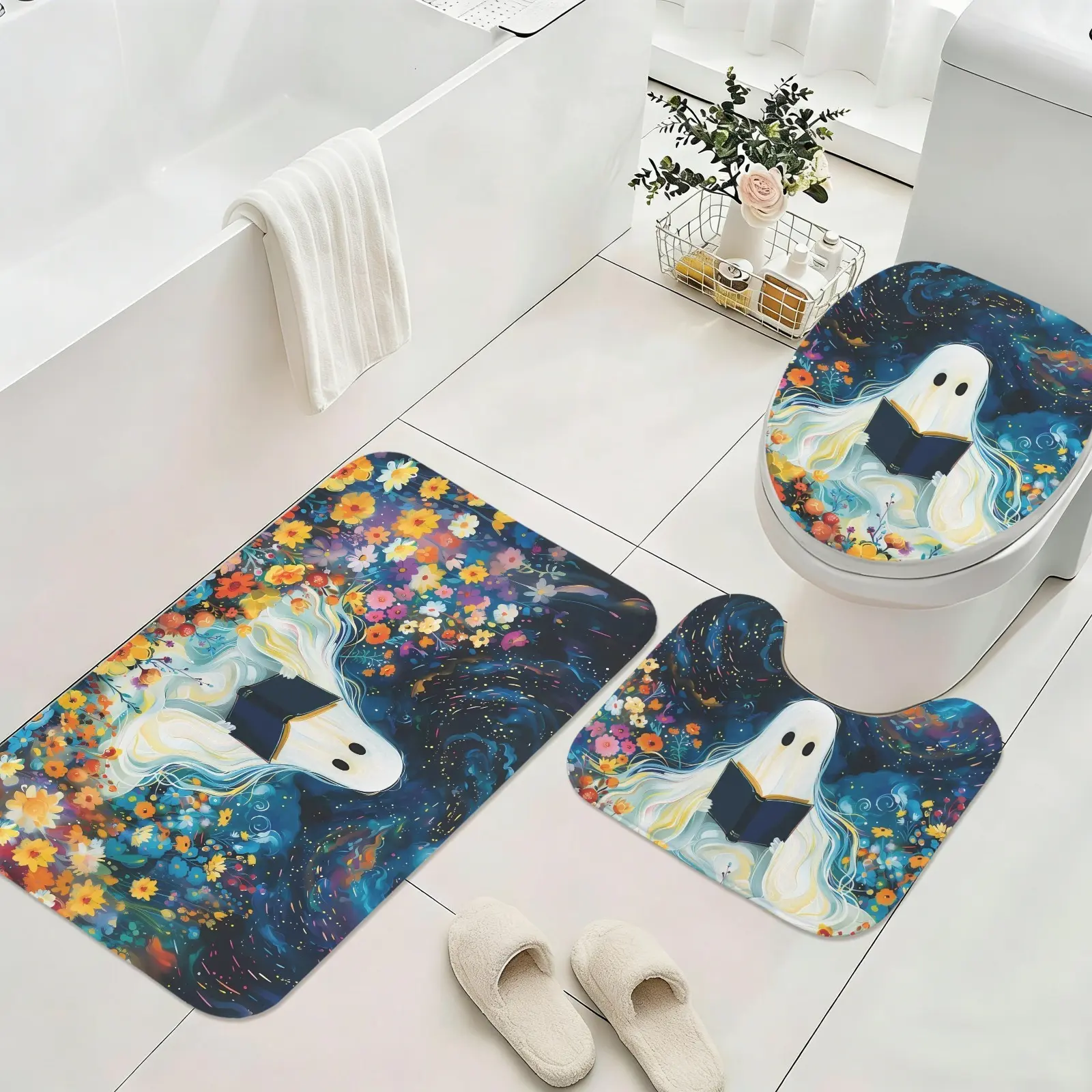 Non Slip Absorbent 3 Piece Bathroom Rug Set Sweet Halloween Ghost Pumpkin Bat Art Floor Mat U Contour Toilet Rug Toilet Lid Cover for Shower Bathroom Holiday Gathering Wipeable Washable Bathroom Decor Kit