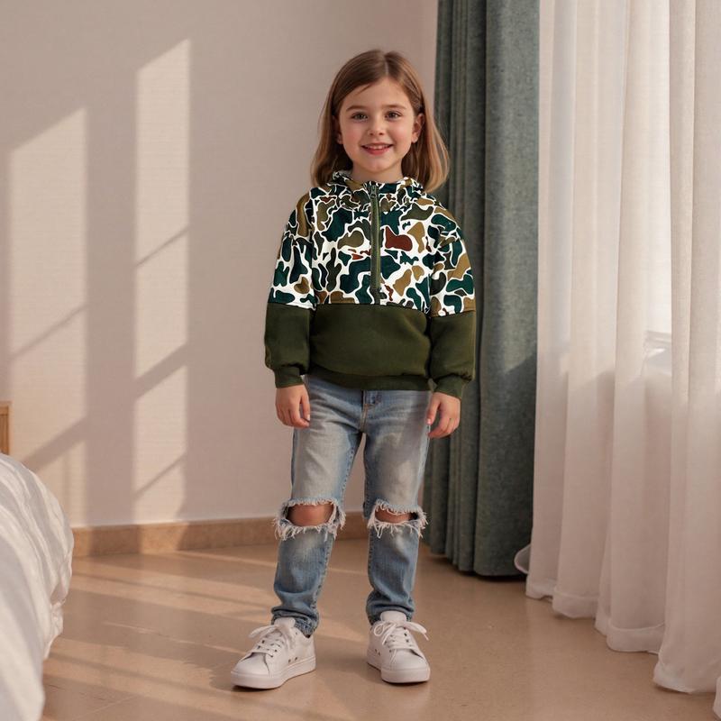 Infant Toddler Baby Girl Boy Camo Hoodie Outfit Half Zipper Long Sleeve Hooded Sweatshirt Casual Pullover Little Kids Hunting Clothes