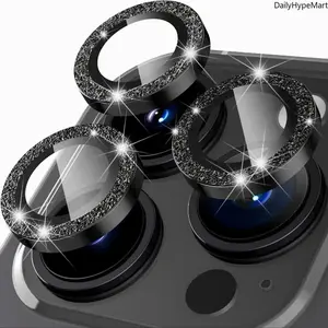 3Pcs Black Glitter Metal Ring Tempered Glass Camera Lens Protector for iPhone Series, Smartphone-Cellphone Handheld Screen & Lens Protection Accessory