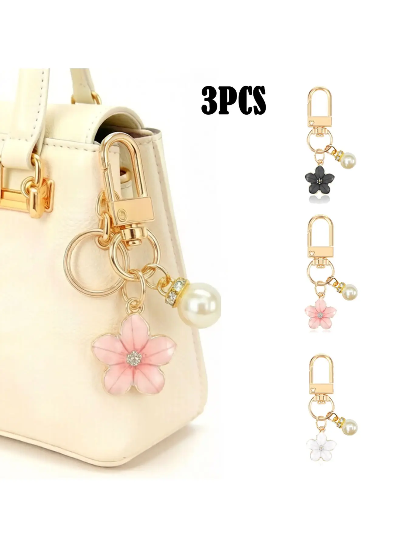 3PCS Elegant Enamel Cherry Blossom Keychain with Imitation Pearl, Cute Alloy Flower Bag Charm U-Shaped Carabiner Key Ring, Luxury Sweet Pendant Accessory For Handbag Purse Keys Decor Gift For Women Girls