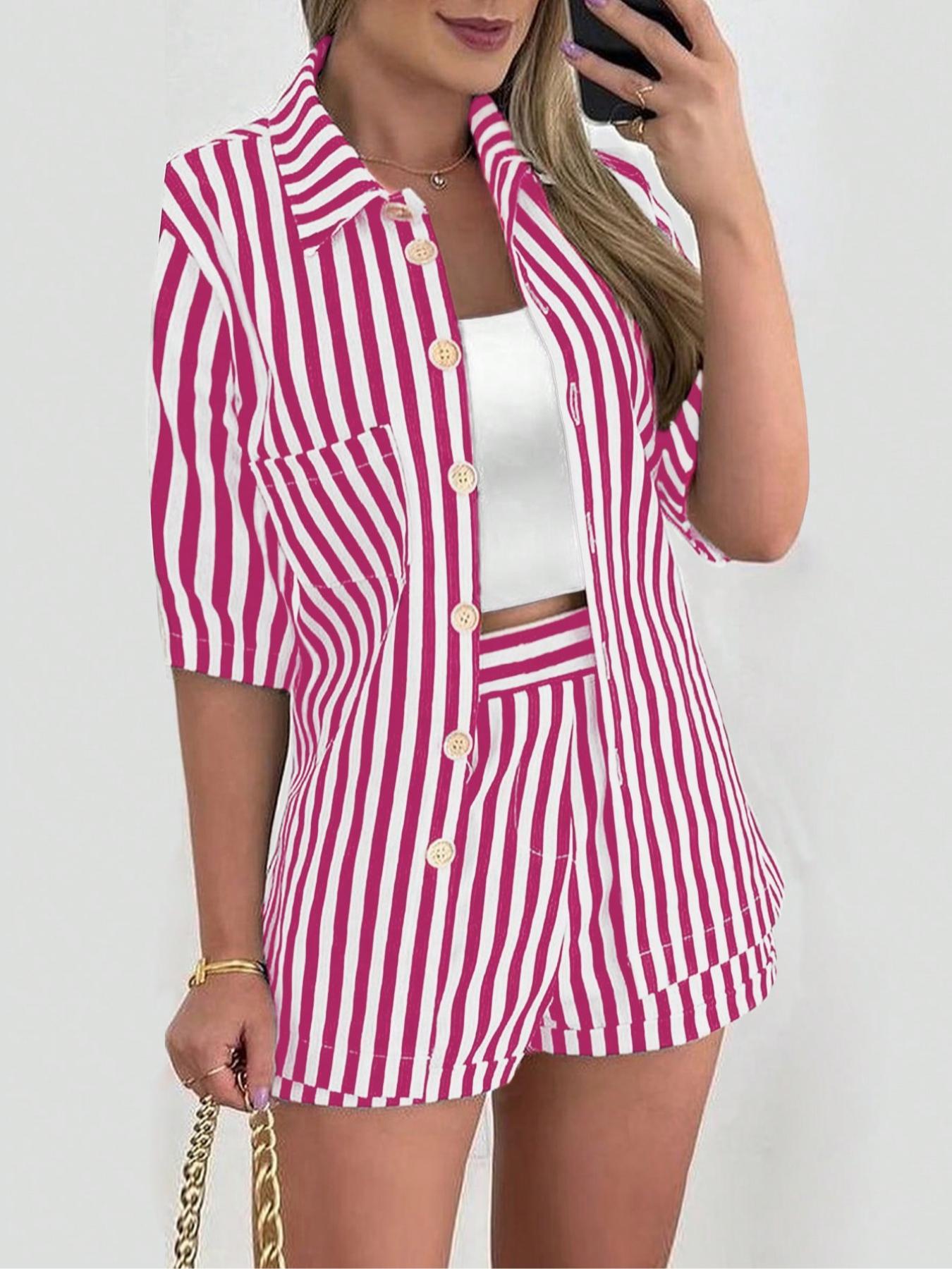 Women's Striped Print Button Front Shirt & Shorts Two-Piece Set, Casual Fashion Top & Shorts for Summer, Ladies Clothes for Daily Wear, Casual Lounge Set