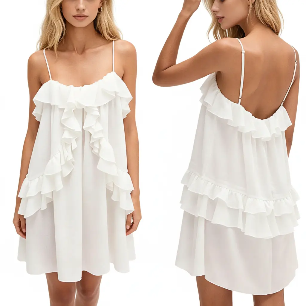 Women's Spaghetti Strap Mini Slip Dress, Flowy Chiffon Sleeveless Sundress with Tiered Ruffle Front Loose A Line Short Swing Dress, Casual Cute Babydoll Dress for Summer Beach Vacation