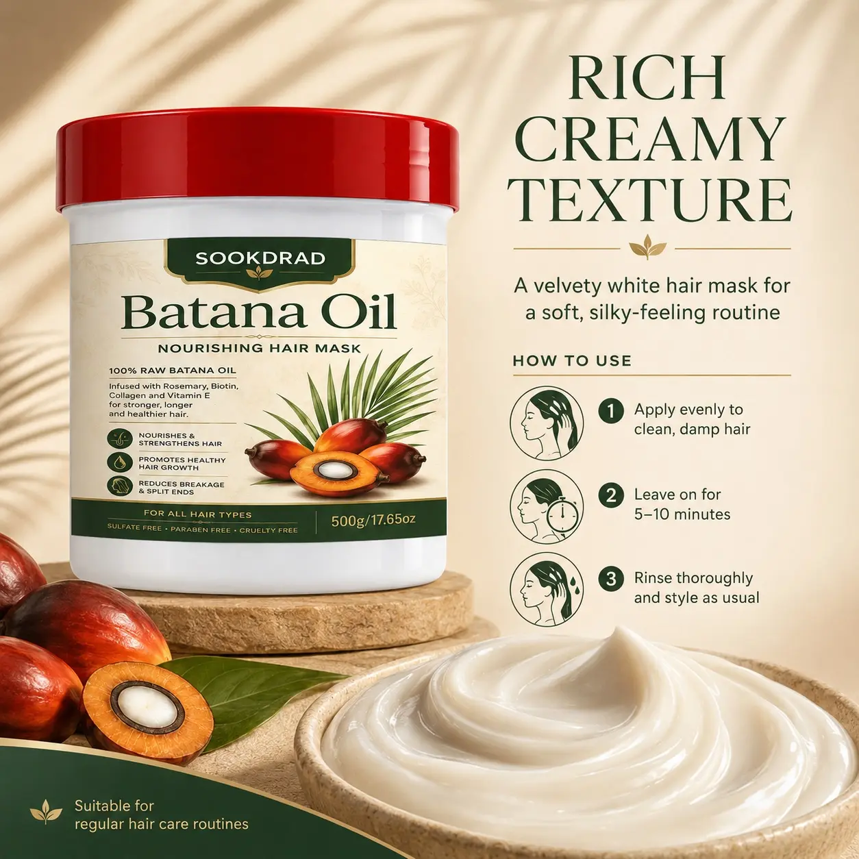 Batana Oil Nourishing Hair Mask, infused with rosemary, biotin, collagen, vitamin E, nourish and strengthen hair, reduce breakage, reduce split ends, for all hair types, sulfate free, paraben free,