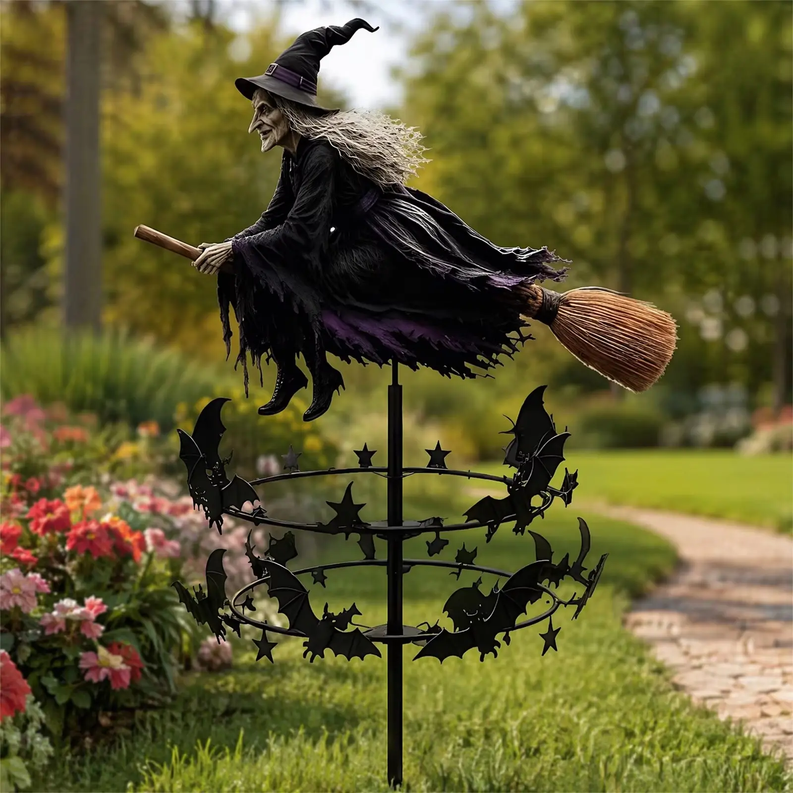 Halloween Witch Garden Windmill, Halloween Outdoor Decor, Witch and Bat Pattern, Spooky Halloween Yard Windmill, Fun Halloween Decoration