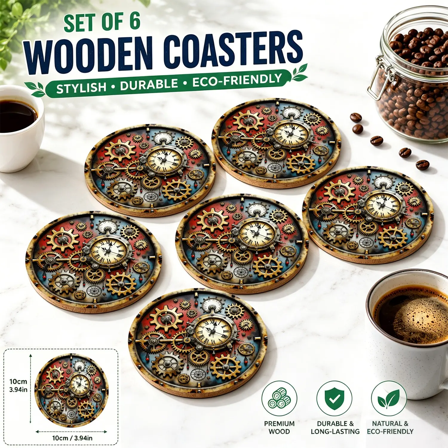 6 PCS Steampunk Wooden Coasters Set | 3D Gear Clockwork Mechanical Industrial Design | Victorian Retro Man Cave Bar Decor | Heat Resistant Drink Mats | Gift for Engineer Him Dad Home
