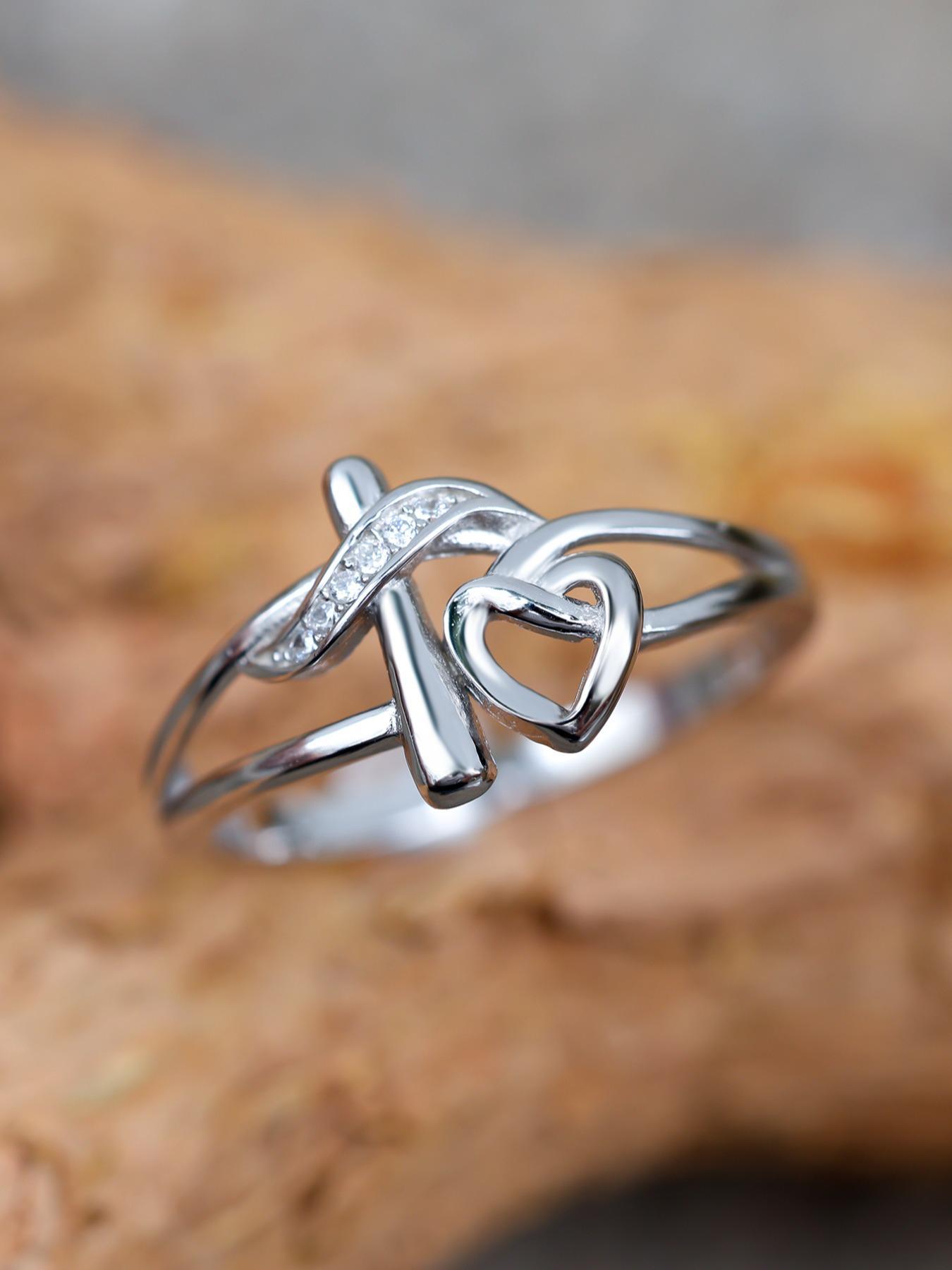 S925 Sterling Silver Hollow Out Cross & Heart Design Ring for Women, Heart Shaped Ring, Fashion Jewelry for Party, Daily Decor, Trendy All-match & Exquisite Jewelry for Birthday Gift, with Box