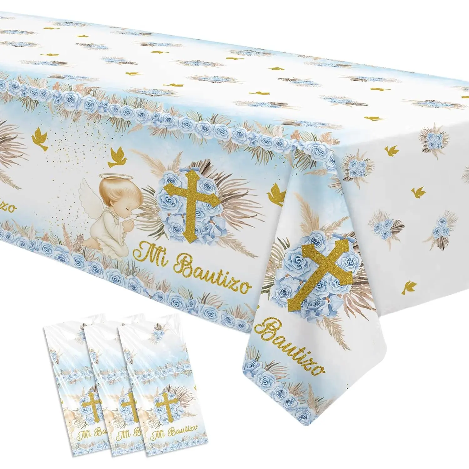 Mi Bautizo Boy Baptism Decorations Party Tablecloth, 3 Pack Disposable Blue Floral Religious First Communion Decorations Supplies Table Cover for Gold Bless Christening, 55in x 86in