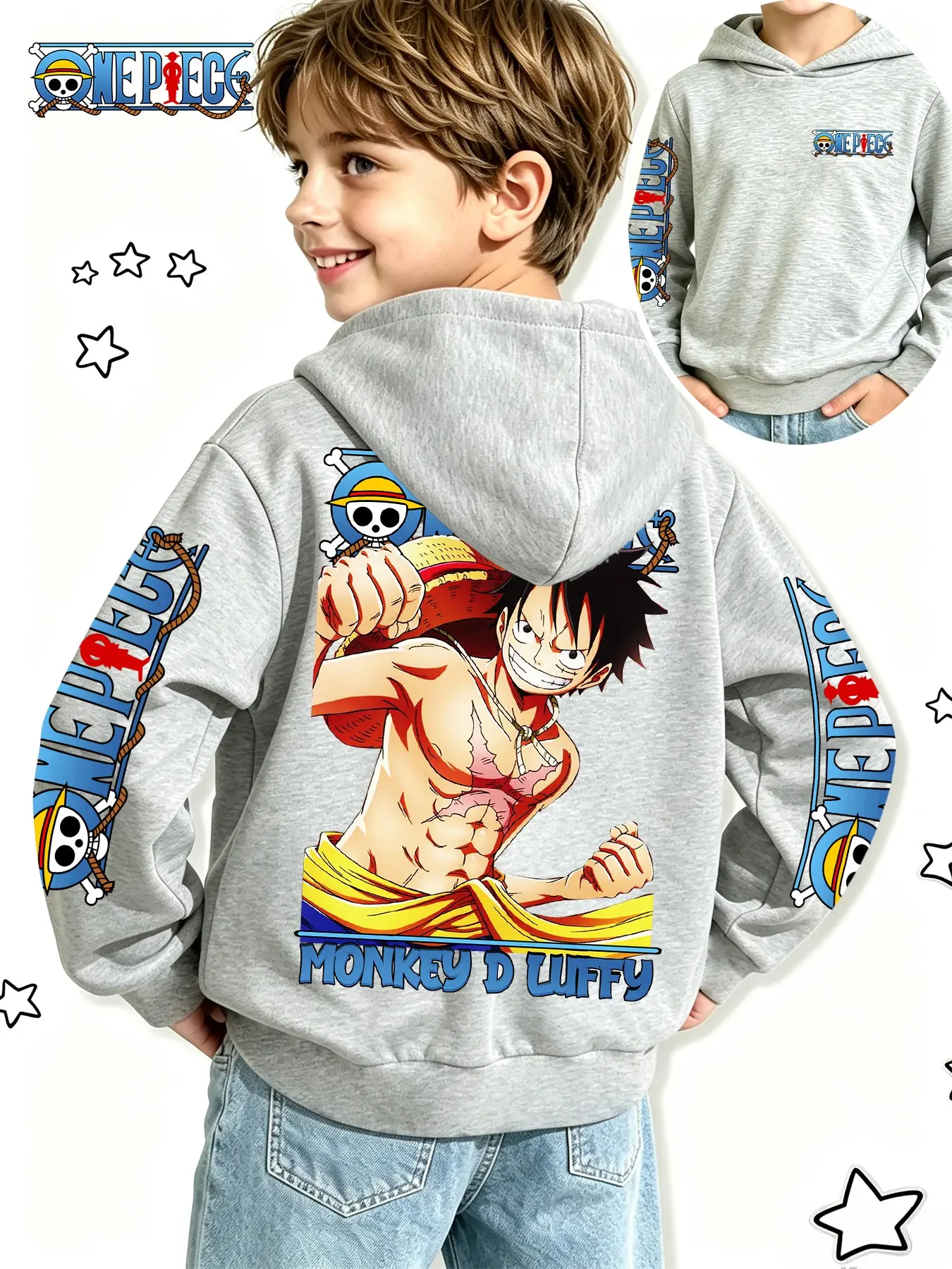 One Piece Official Boys' Anime Sweatshirt, Luffy Battle Pose Print, Spring & Fall Casual Hoodie, Perfect for Gifts and Daily Wear