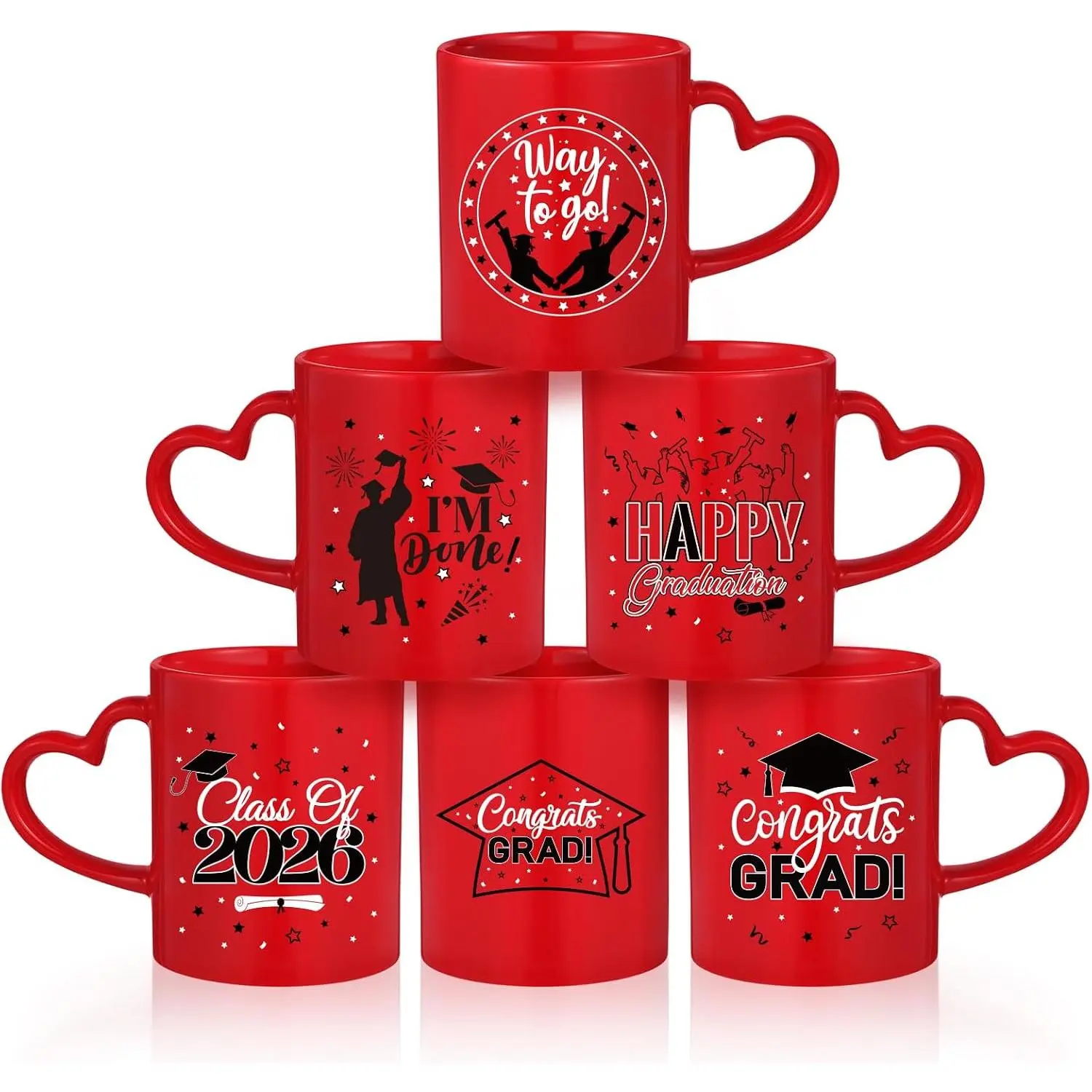 Graduation Coffee Mug Set of 6, 10 oz Red Ceramic Enamel Mugs with Handle, Class of 2026 & Congrats Grad Designs, Graduation Party Supplies, Grad  Cups for Coffee  Cocoa