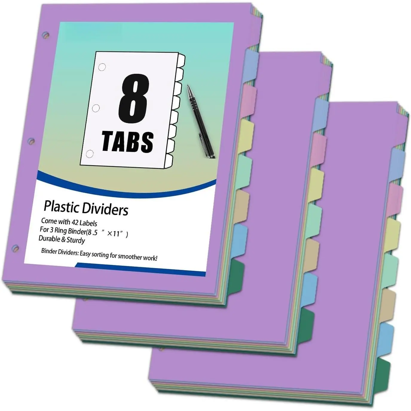 24 count/3 Sets Binder Dividers for 3 Ring Binder,8 Tab Binder Plastic Page dividers with Tab,8TAB Set,Multicolor