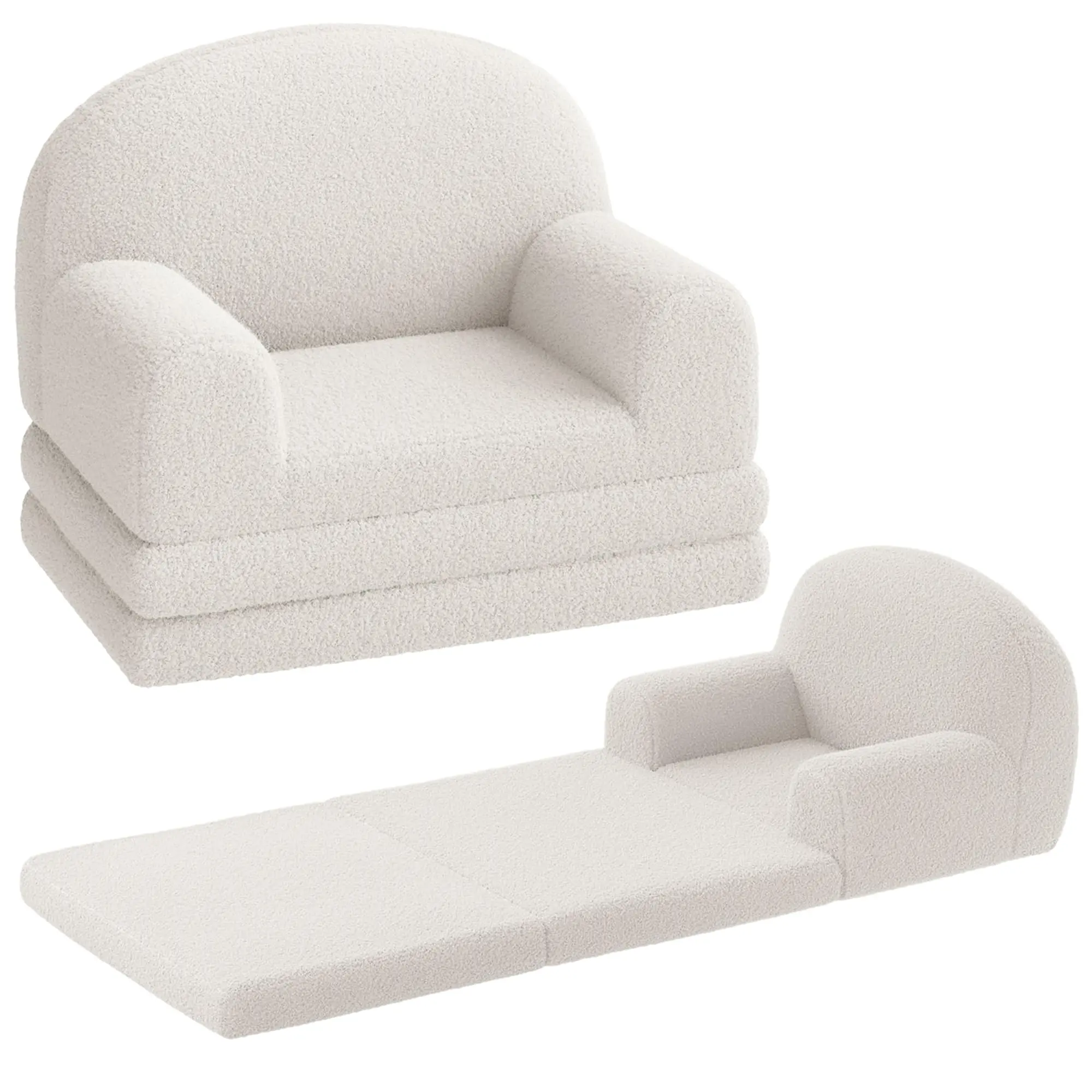 Kids Couch Beige Moon 2 in 1 Comfy Fold Out Toddler Sofa Converts to Lounger Foam Chair with Soft Sherpa for Girls and Boys Gift