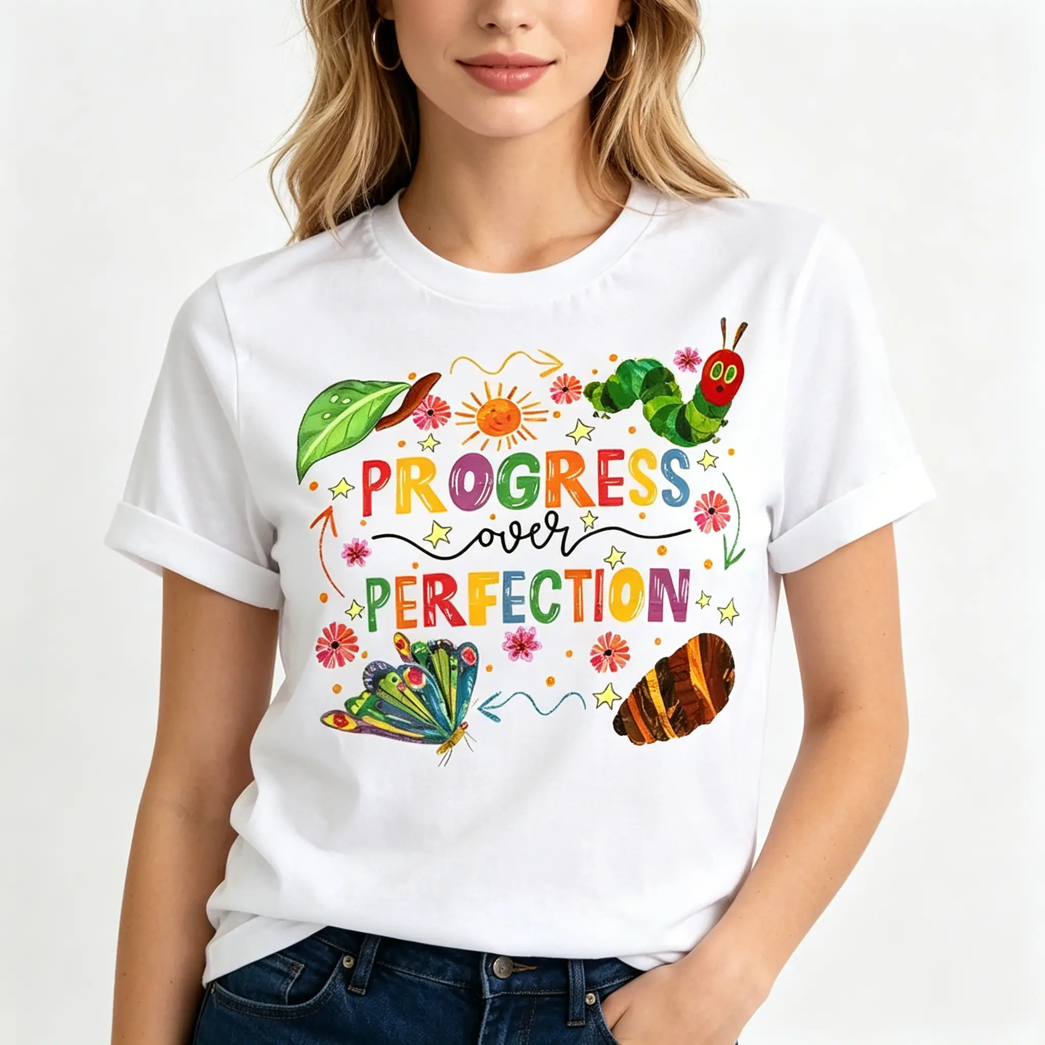 "Caterpillar Progress Over Perfection Teacher" Graphic Unisex Tee |   All-Season Breathable Top