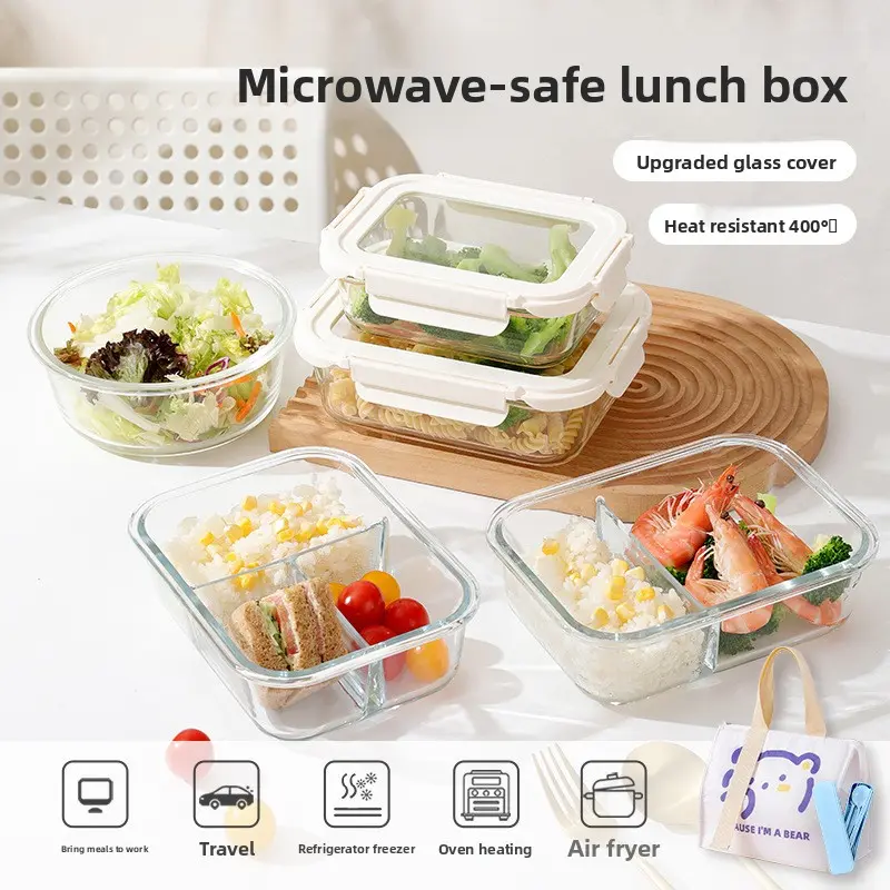 Microwave Safe Glass Lunch Box High Borosilicate Heat Resistant Food Container for Work Office Meal Prep Bento Box