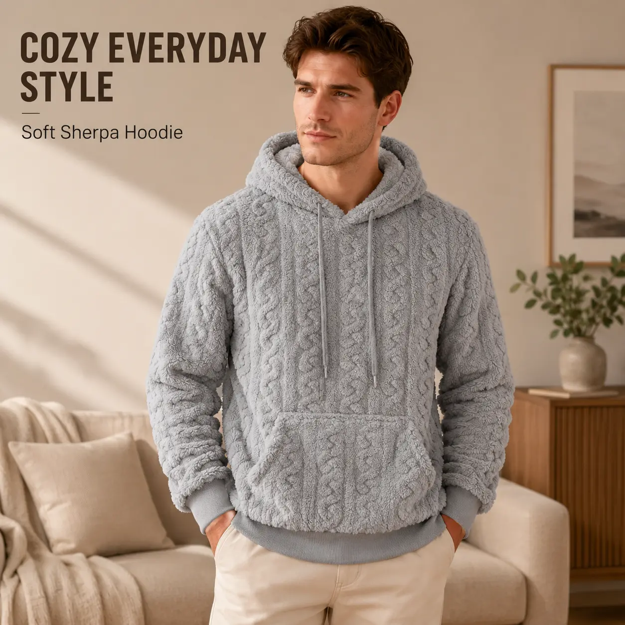 Men’s Sherpa Fleece Hoodie Pullover, Warm Plush Textured Hooded Sweatshirt for Fall Winter, Cozy Casual Long Sleeve Hoodie with Kangaroo Pocket, Ribbed Cuffs, Soft Fuzzy Oversized Sweater for Lounge, Travel, Outdoor Daily Wear
