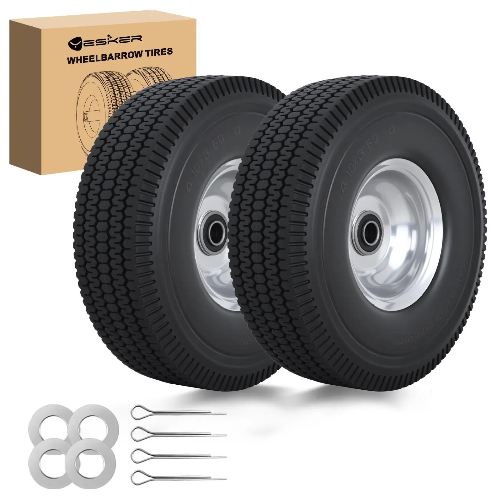 Yesker 4.10/3.50-4" Durable Flat Free Tires & Wheels Replacement, 10" Solid PU Tire with 5/8" Axle Bore Bearing for Wheelbarrow, Garden Cart, 2 Pack