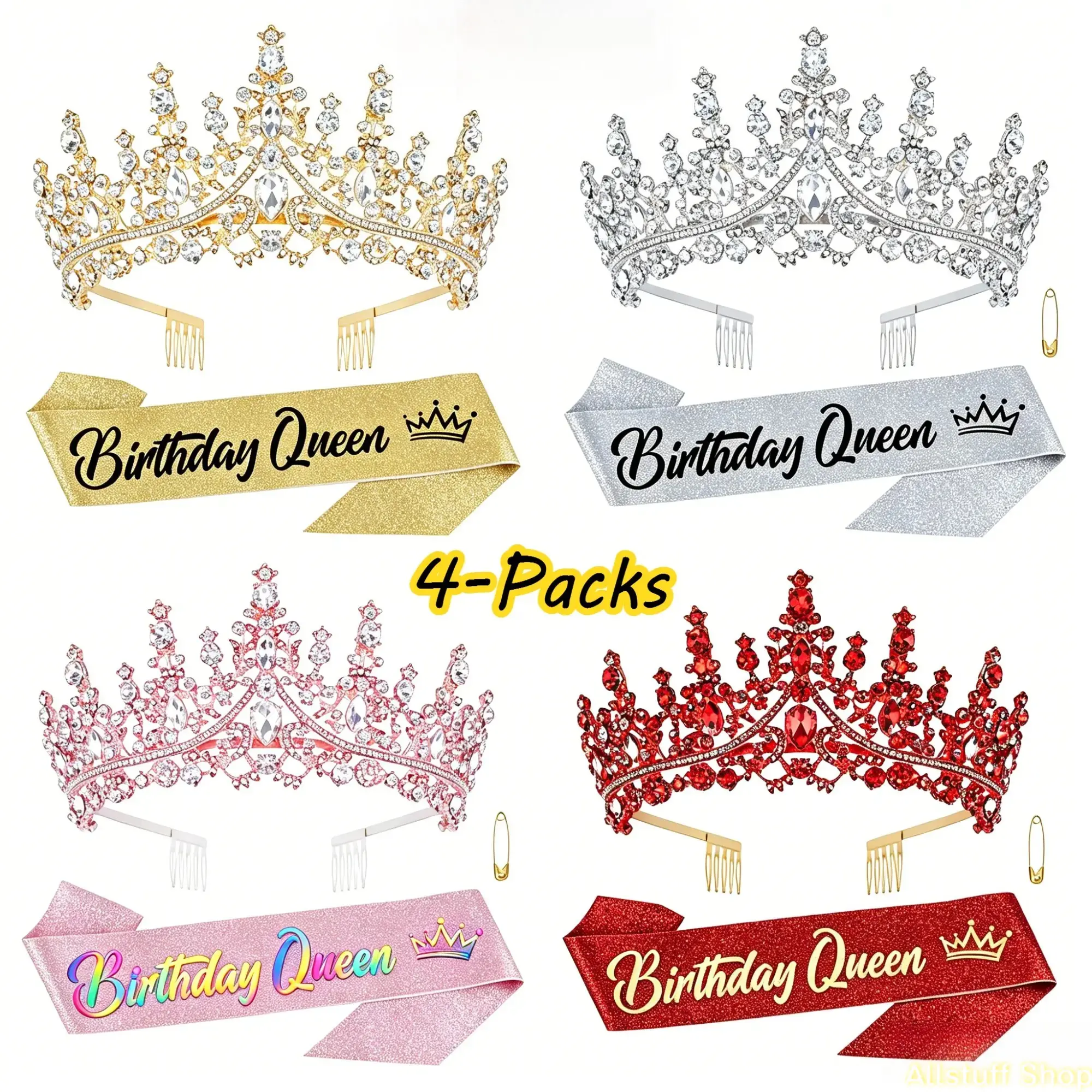 4Packs 2026 Birthday Queen Accessory Set, Rhinestone Tiara Crown, Birthday Sash with Pin & Celebration Headband, Sparkly Party Decorations, Elegant Birthday Outfit Accessories for Women, Birthday Party, Photoshoot & Special Celebration Events