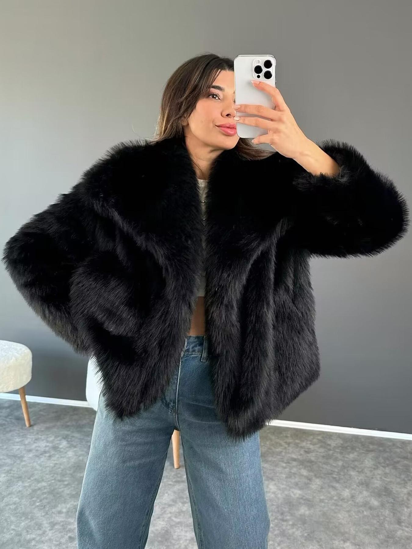 Women's Faux Fur Fuzzy Jacket - Casual Long Sleeve Collared Coat for Fall & Winter, Fitted Minimalist Basic Outerwear in Pebble Lime Womenswear Tops Fitted Essential Outfit Solid