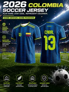 2026 Colombia Away Soccer Jersey, Royal Blue Wave Gradient, Neon Lime Trim, Quick-Dry Breathable Mesh, Sporty Short Sleeve