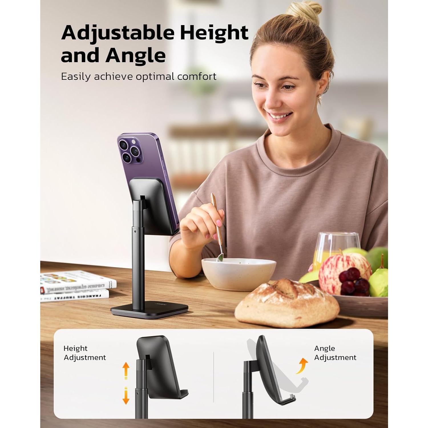 Phone Stand, Height Angle Adjustable Cell Phone Stand, Phone Holder for Desk Compatible with Phone 16 15 14 13 12 Mini 11 Pro Xs Max Xr X 8 7 6 6s Plus,  Smartphones (4-8 inches) - Black
