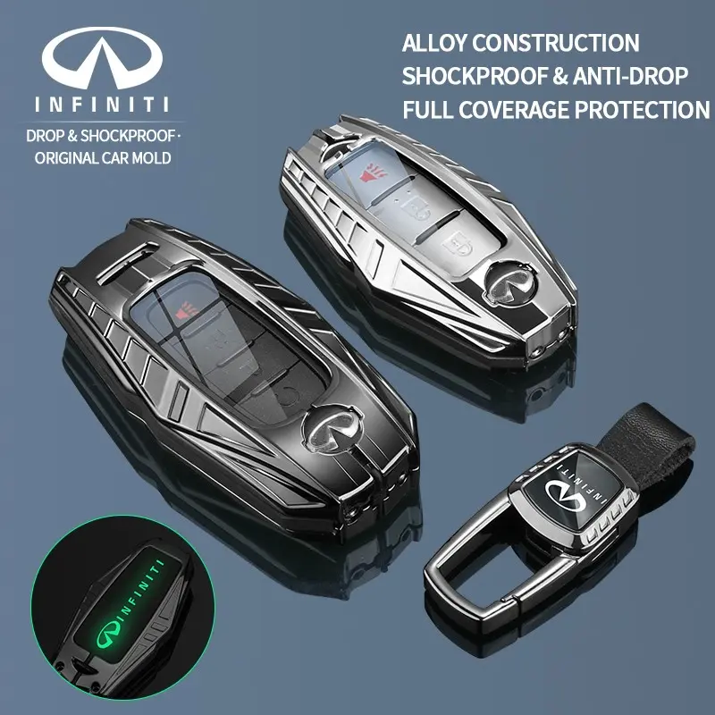 Car key cover for Infiniti G25, G35, G37, Q50, Q60, Q70, QX55, JX35, QX50, QX60, QX80. Key case, keychain, remote protector, and key shell accessory. High-quality full-cover alloy material, scratchproof, durable, and drop-resistant.