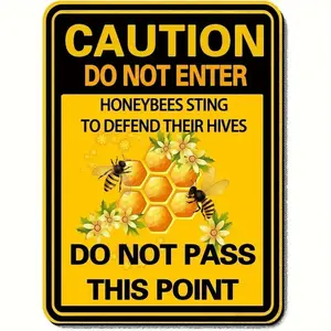 Durable Metal Beehive Warning Sign - Heavy-Duty Outdoor Caution Do Not Enter Sign with Yellow Background Hexagonal Beehive and Floral Design. No Trespassing Bee Safety Sign for Garden Yard Farm