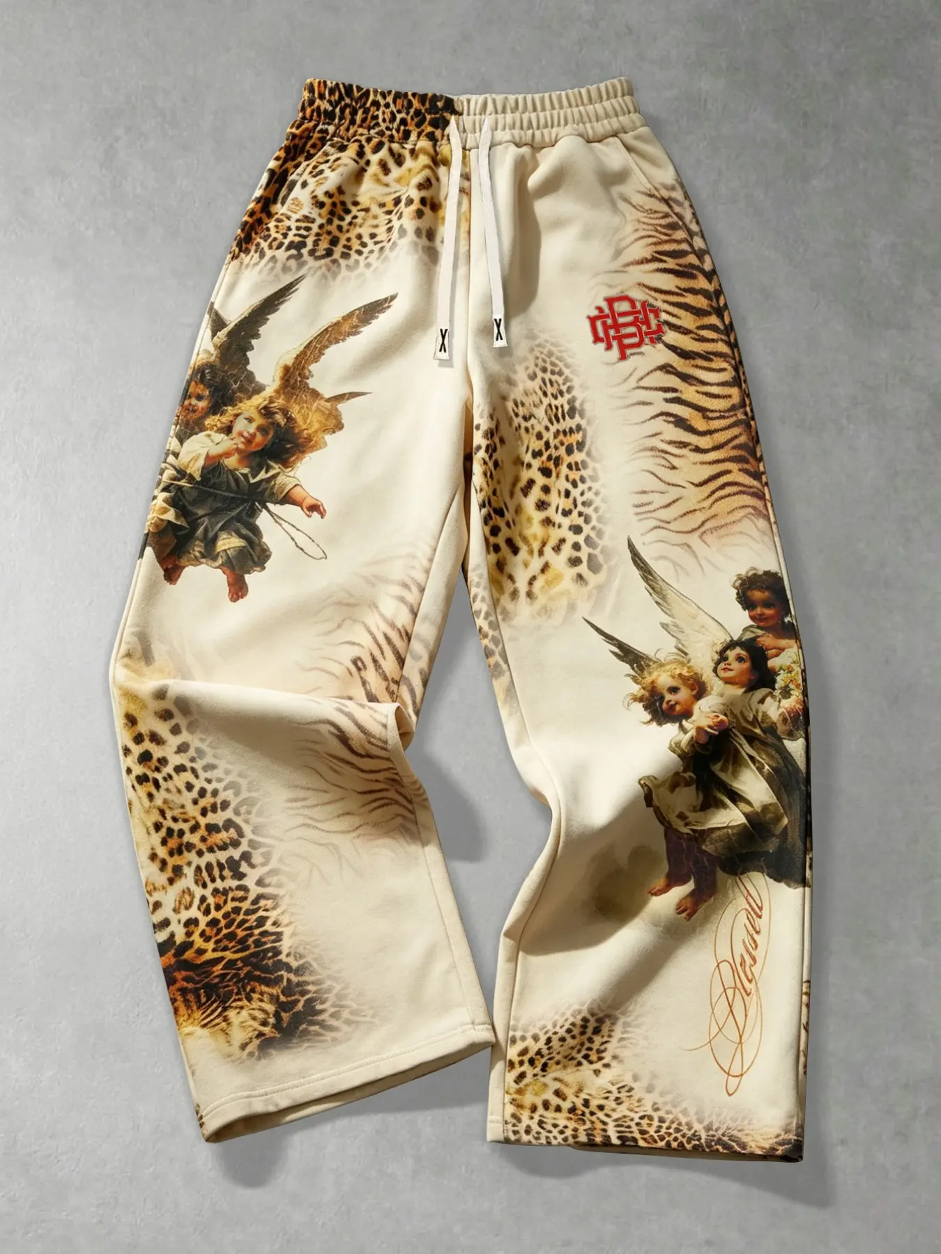 Y2K Renaissance Hand-Painted Cupid Angel Full-Body Print Men's Casual Pants, Casual Comfy Drawstring, Wild Leopard Print Tie-Dye Patchwork Elastic Waist Drawstring Fit Men's Sweatpants American High Street Couple Trendy Straight Leg Sports Pants