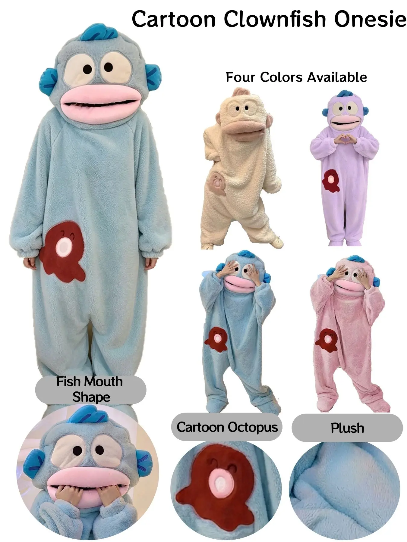 Unisex Cartoon Fish Onesie Sleepwear, Cute Thick Warm Coral Fleece Hooded Pajamas, Loose Fit Cosplay Party Home Wear, Fall Winter