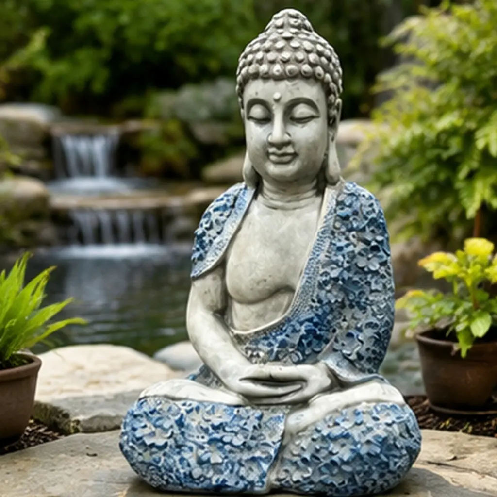 16-Inch Weatherproof Resin Meditating Buddha Figurine - ARCH Blue Floral Accent Serenity Yard Art, Durable Polyresin Zen Atmosphere Decor for Patio, Yard, Home Improvement Garden Supplies