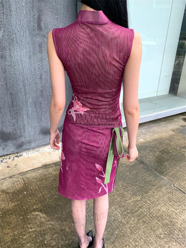 New Chinese-style lily pattern reversible cheongsam top + new Chinese-style lily pattern reversible one-piece skirt