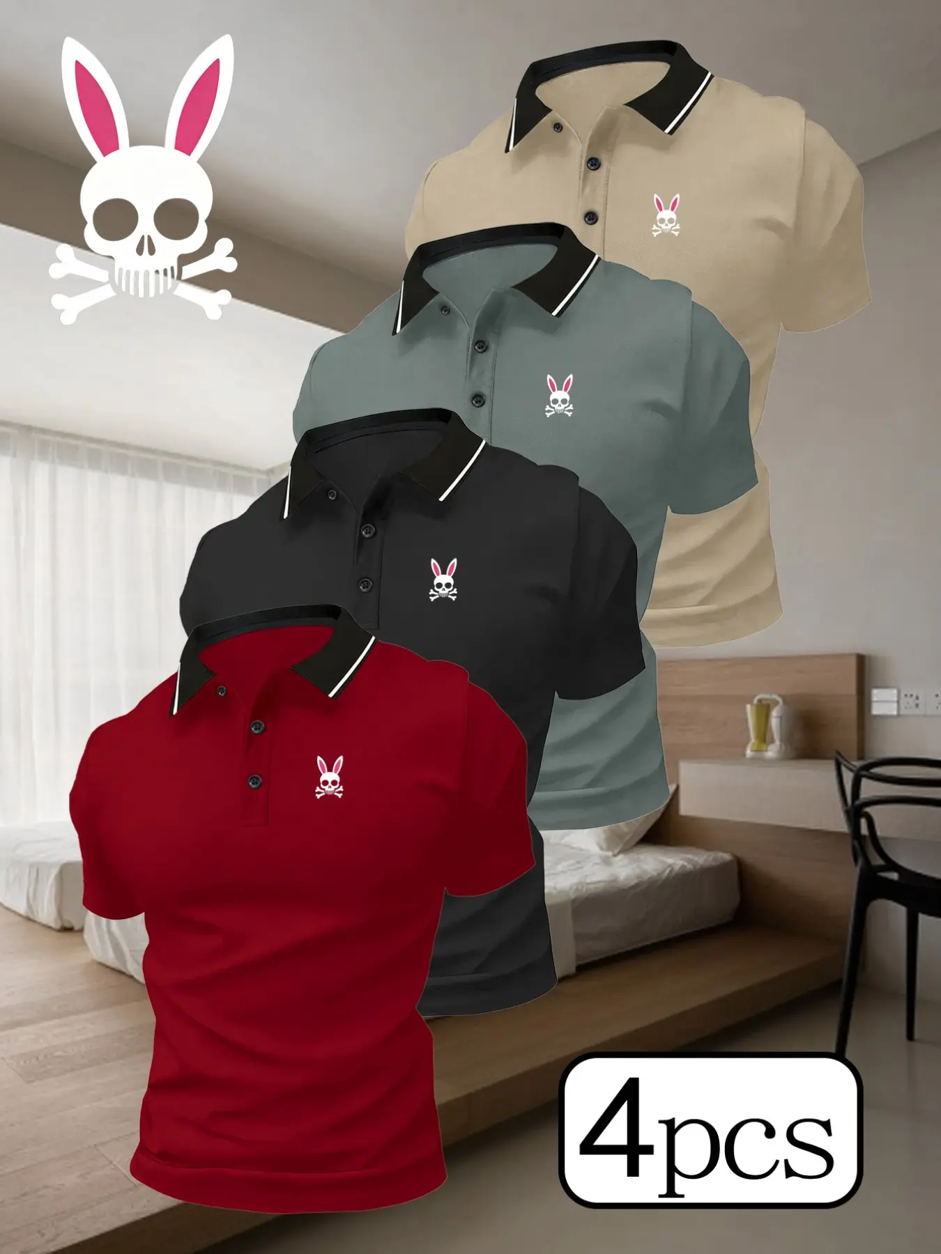 Men's Sporty Quick-Dry Polo Shirts, 4-Pack with Skull Rabbit Print, Comfortable Breathable Fabric, Durable Stretch Material