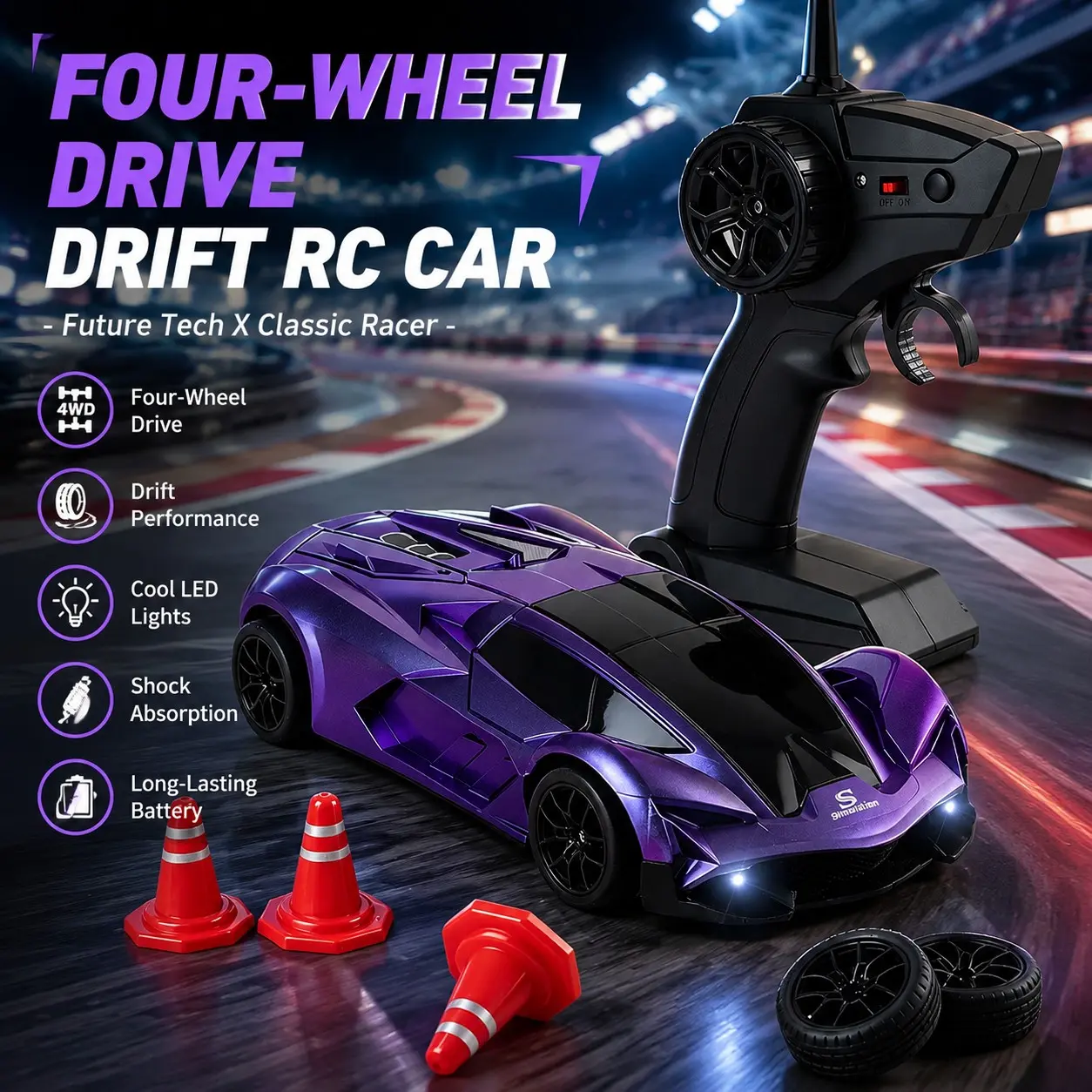 Four-Wheel Drive Remote Control Drift Car, 2.4g Super Race Car with LED Backlight, Interchangeable Tires, Three-Speed Adjustable Model Car