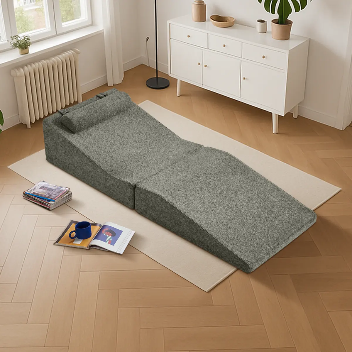 Raindrop Velvet Foldable Tatami Sofa Bed, Full High Density Sponge No Assembly Detachable Pillow Max 500LBS Multi-Use Lounge Single Guest Bed Compact Foldable Storage for Bedroom Balcony Apartment Living Room