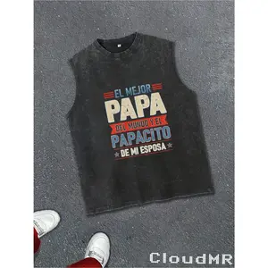 Men'S Sleeveless Pure Washed Vest with El Mejor Pap Del Mundo" Printed, Minimalist Faded Black Tee, Premium Heavyweight 230G/M2, Streetwear Aesthetic Style, Suitable for Daily Wear Unisex Apparel Gift, Gift for Dad, Father'S Day Gift