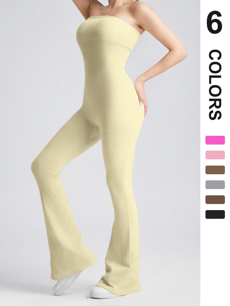 Women's Sexy Yoga Ribbed One Piece Tube Jumpsuit Rompers Flared Trousers Tights Push-up Sports Bodysuit Women Fitness Suit Workout Sportswear Gym Sportswear Jumpsuits