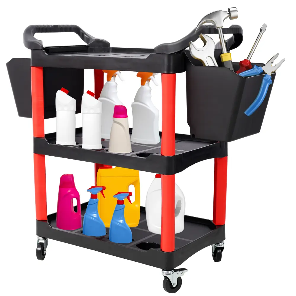 Plastic 3-Tiered Rolling Auto Detailing Cart with Wheels, 2-Bucket Organizer, Heavy-Duty Mobile Utility Cart for Detailers, Garage Storage of Automotive Tools & Cleaning Supplies, Red & Black, Three-Tiered