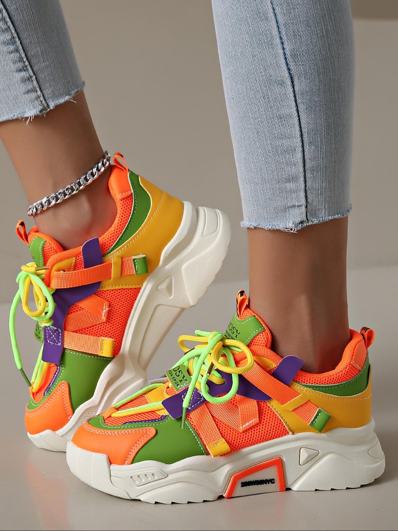 Women's Fashionable Colorblock Lace Up Platform Sneakers, Casual Comfortable Sports Shoes for Daily Wear, Female All-match Round Toe Shoes for Daily Wear, Lightweight Sneakers