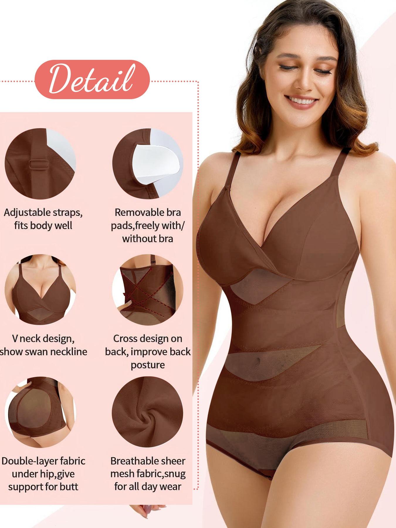 Women's Sheer Mesh Bodysuit High Elastic Breathable Fabric V Neck Full Body Shaping Underwear, Casual All Season Wear, Shapewear